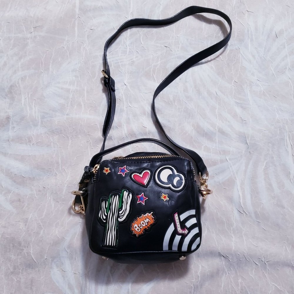 Zara Black Faux Leather Square Small Crossbody Purse Handbag Patches